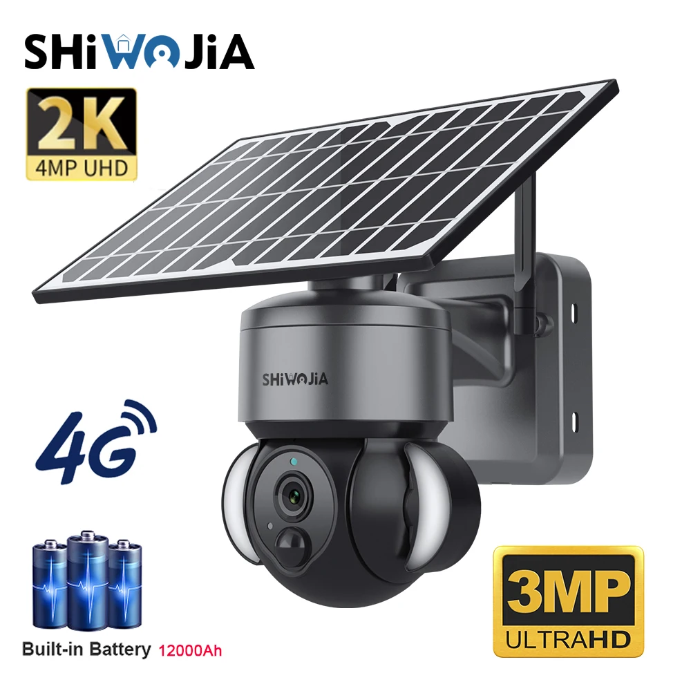 SHIWOJIA 4G SIM Card Solar Camera 2K 3MP HD 5W Solar Panel Security Surveillance Camera Waterproof Garden Light Builtin battery