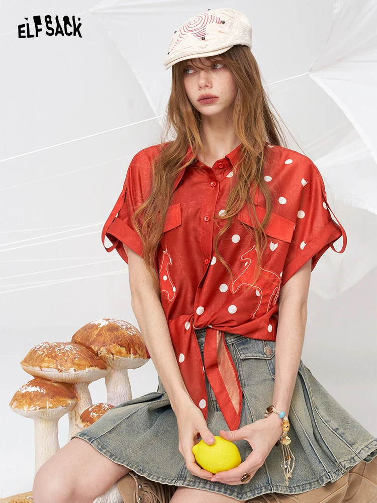 

Sweet Summer Polka Dot Short Sleeve Shirt Women's Party Style Fairy Pocket Vintage Flavored Faux Seriousness Fashion Top