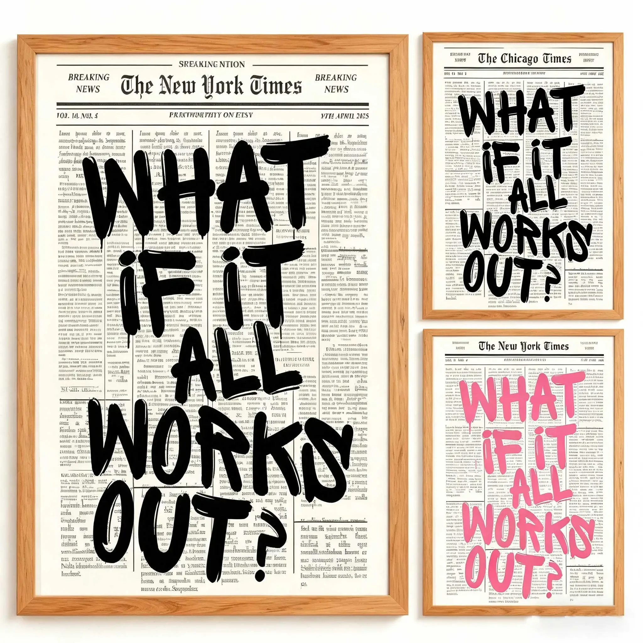 (2D Canvas painting) Newspaper Poster - What If It All Works Out - Positive Quote Canvas Wall Art, Affirming Minimalist Print