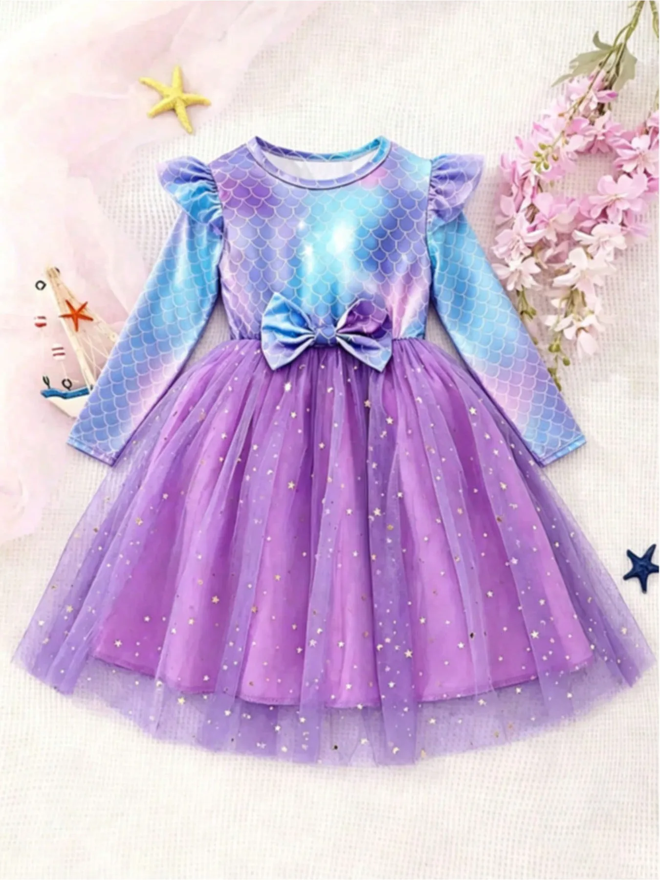 Children's Geometric Pattern Long Sleeve Dress Autumn Casual round Neck Waist Cinched Bow Mesh Knee High Skirt