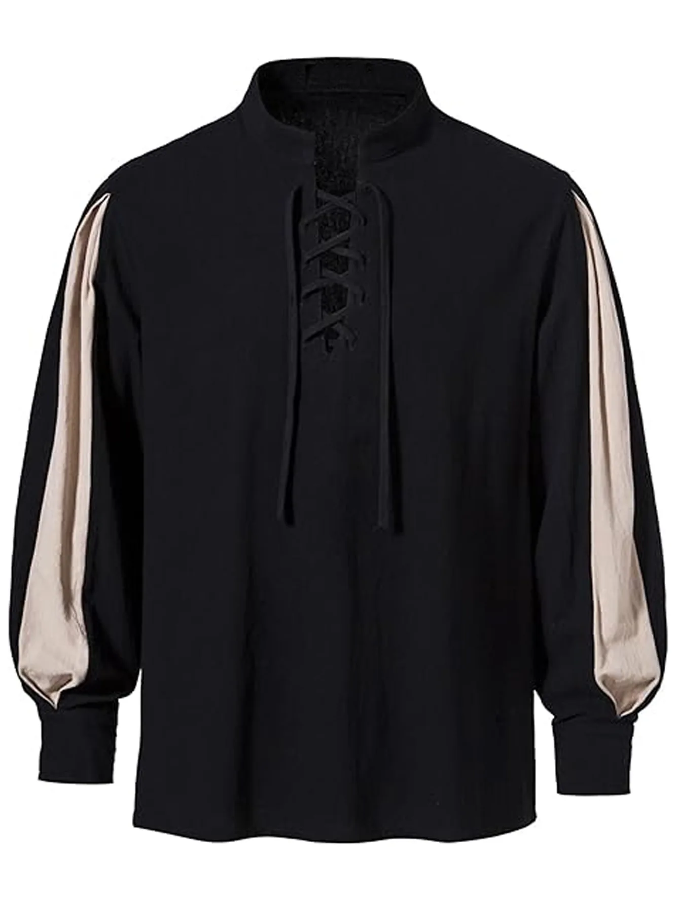 Retro Medieval Men's Pirate Shirt, Men's Long Sleeve Lace Up Shirt With Stand Collar, Halloween Party Costume