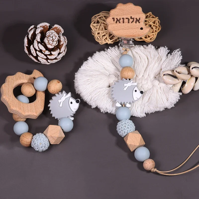 Personalized Name Baby Pacifier Clips Chains Silicone Hedgehog Beads Teethers Dummy Nipple Holder Clip Newborn Teething Toys