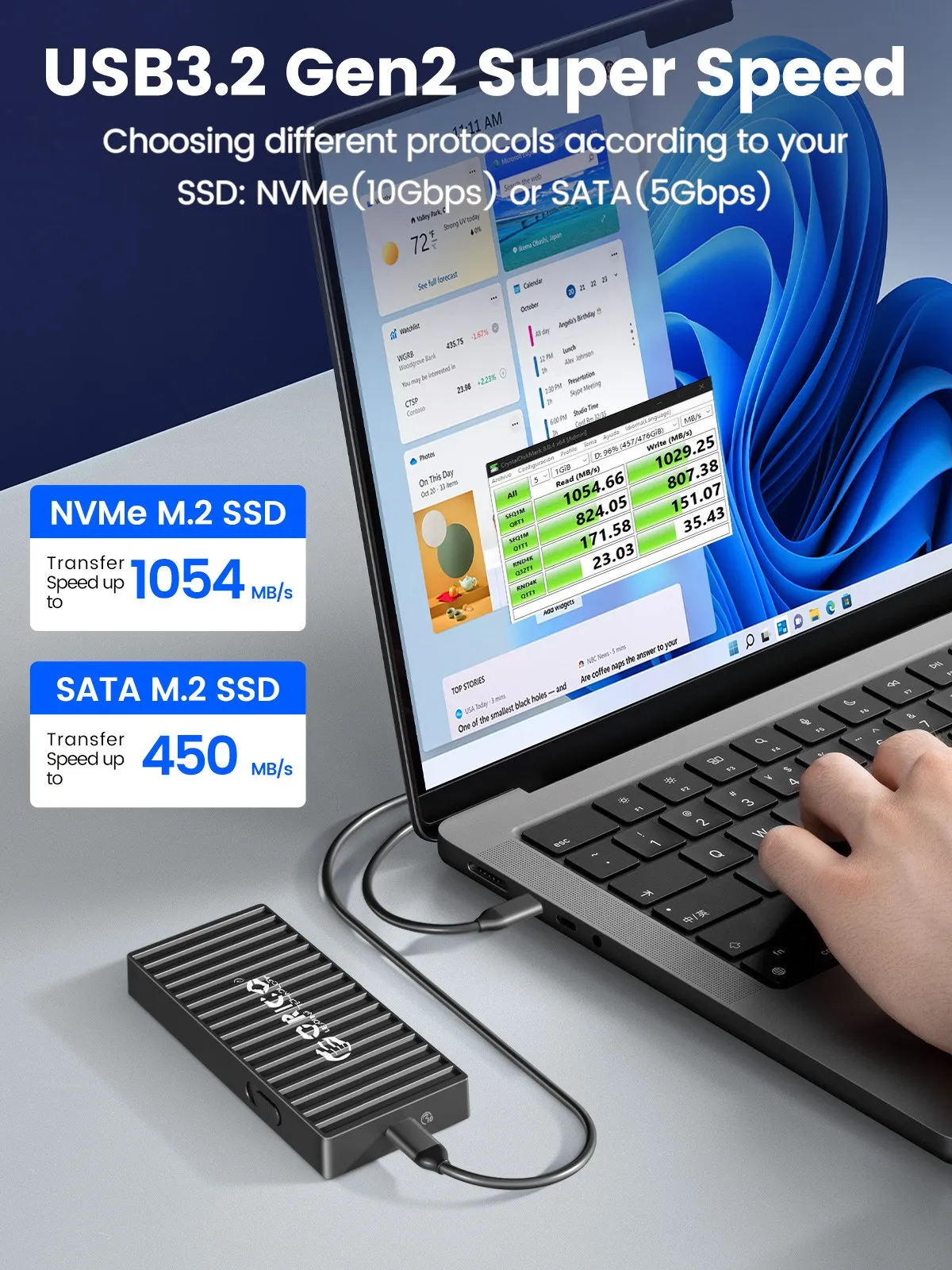 ORICO M.2 NVMe SSD Enclosure Container Design 10Gbps M2 SATA SSD Case USB3.1 Gen2 Type-C Output for Laptop Computer Accessories