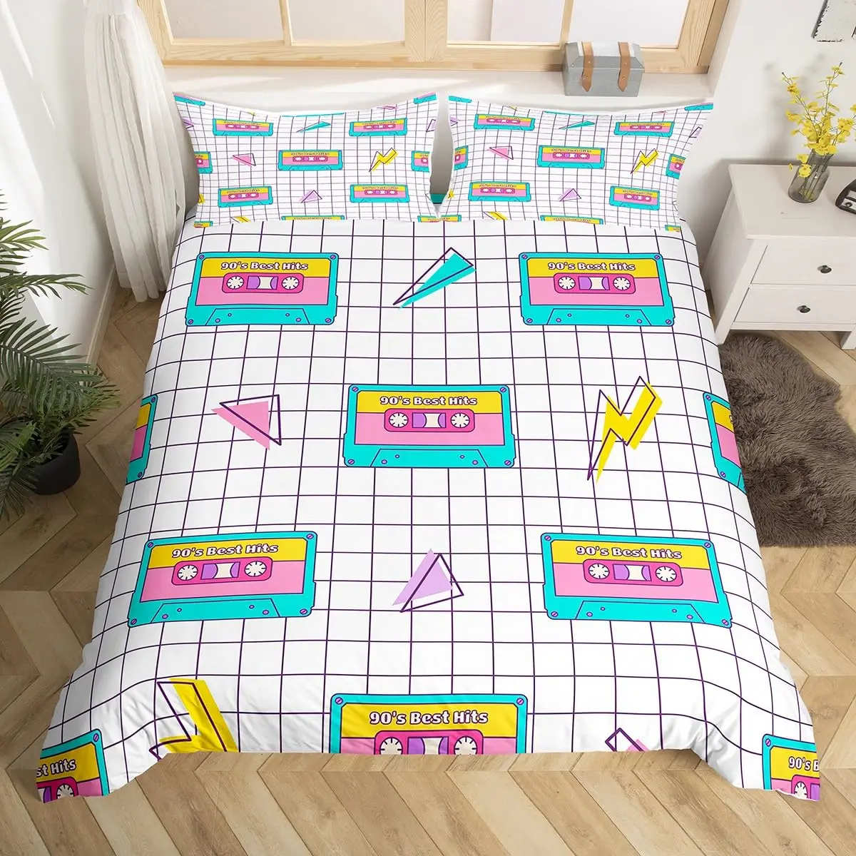 

Cassette Tape Duvet Cover Twin Queen Vintage 80s 90s Memphis Comforter Cover Geometric Checkered Triangle Lightning Bedding Set