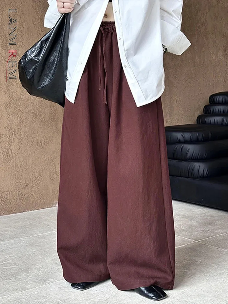 

[LANMREM] Minimalism Pleated Loose Pants For Women Elastic High Waist Wide Leg Trousers Office Lady 2025 Spring New 26C538