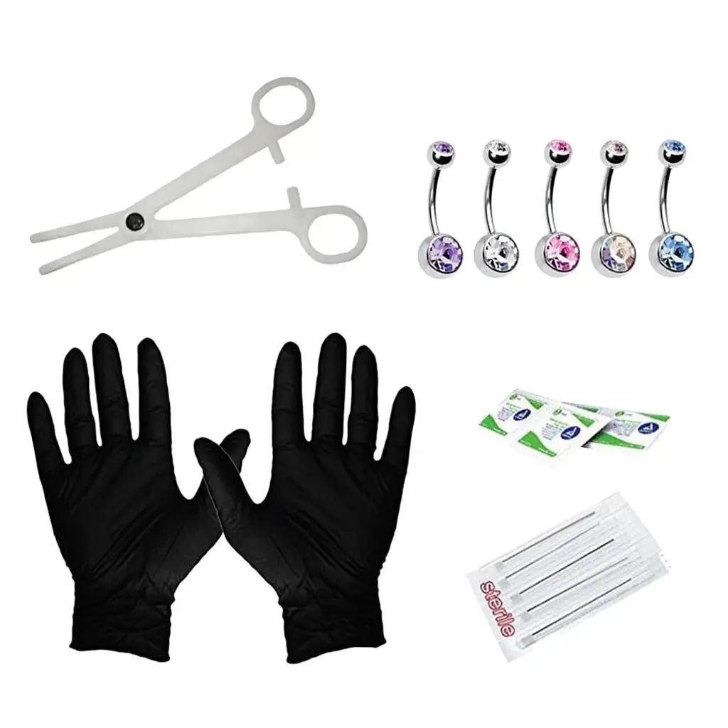 Body Piercing 14G Stainless Steel Kit with Clamps Alcohol Pads Gloves and Belly Button Rings for Safe Navel Care