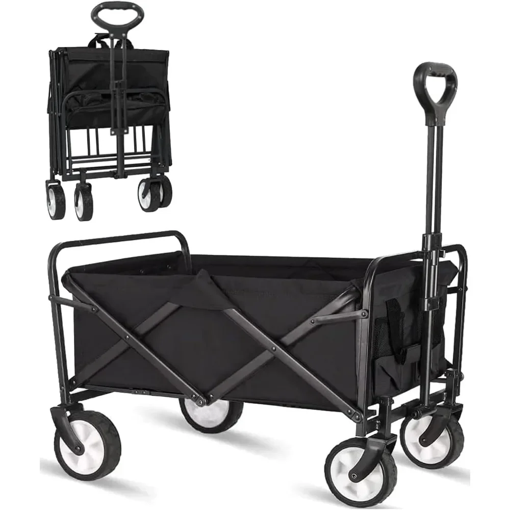 

Collapsible Folding Outdoor Utility Wagon, Beach Wagon Cart with All Terrain Wheels & Drink Holders, Portable Sports Wagon