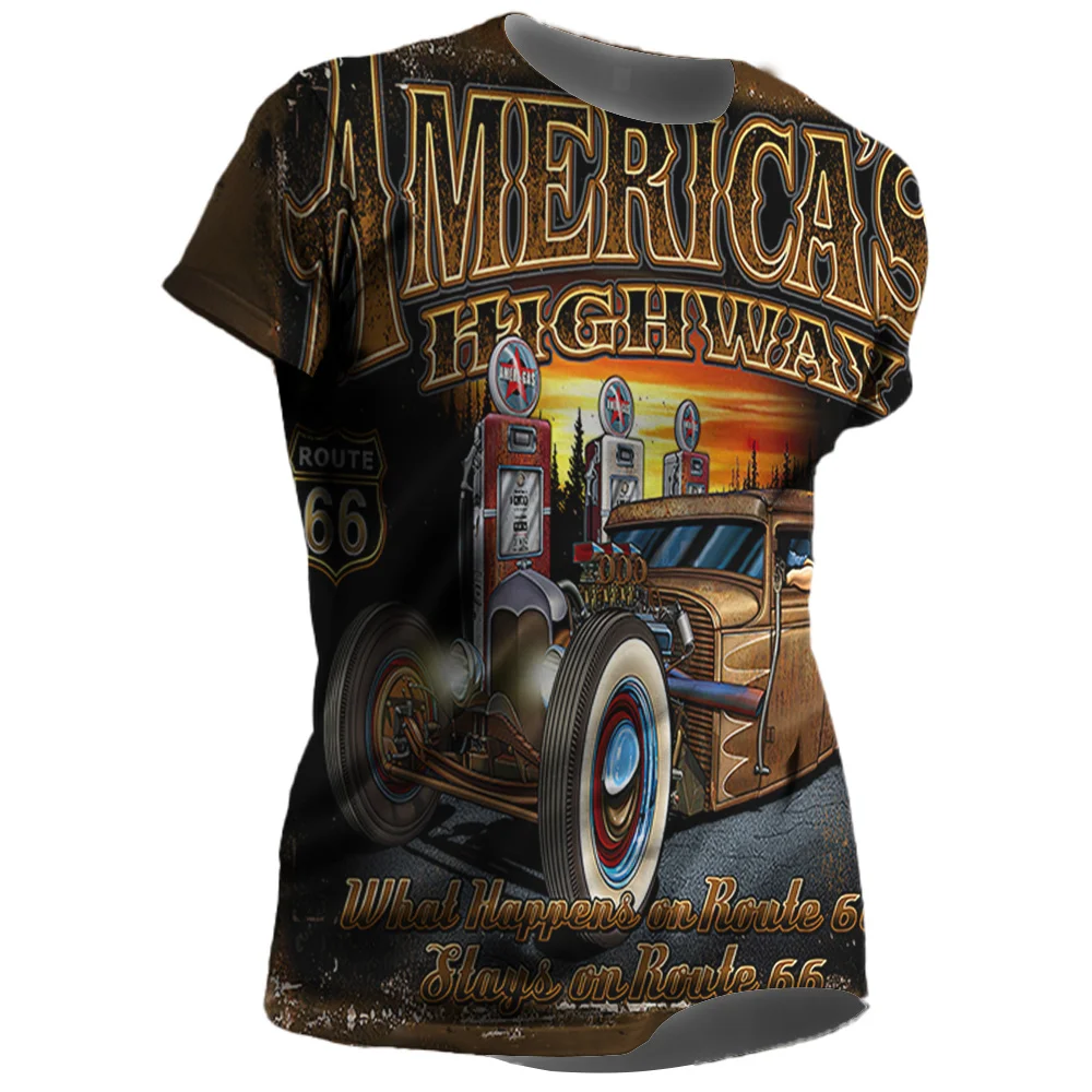 Summer Men\'s T-shirt 3D Print US Route 66 Shirt 2023 New Short Sleeve Men\'s Clothing Cotton Oversized Tees Biker Harajuku Tops