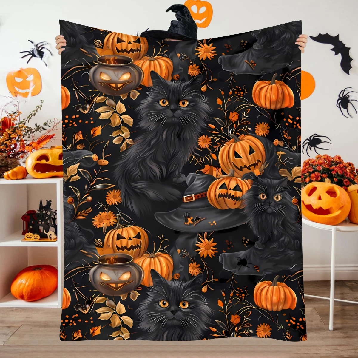 1 Stück Halloween-Kürbis-Flanelldecke mit schwarzer Katze, weicher und bequemer Nickerchenumschlag, kleine Decke, Mehrzweckdecke