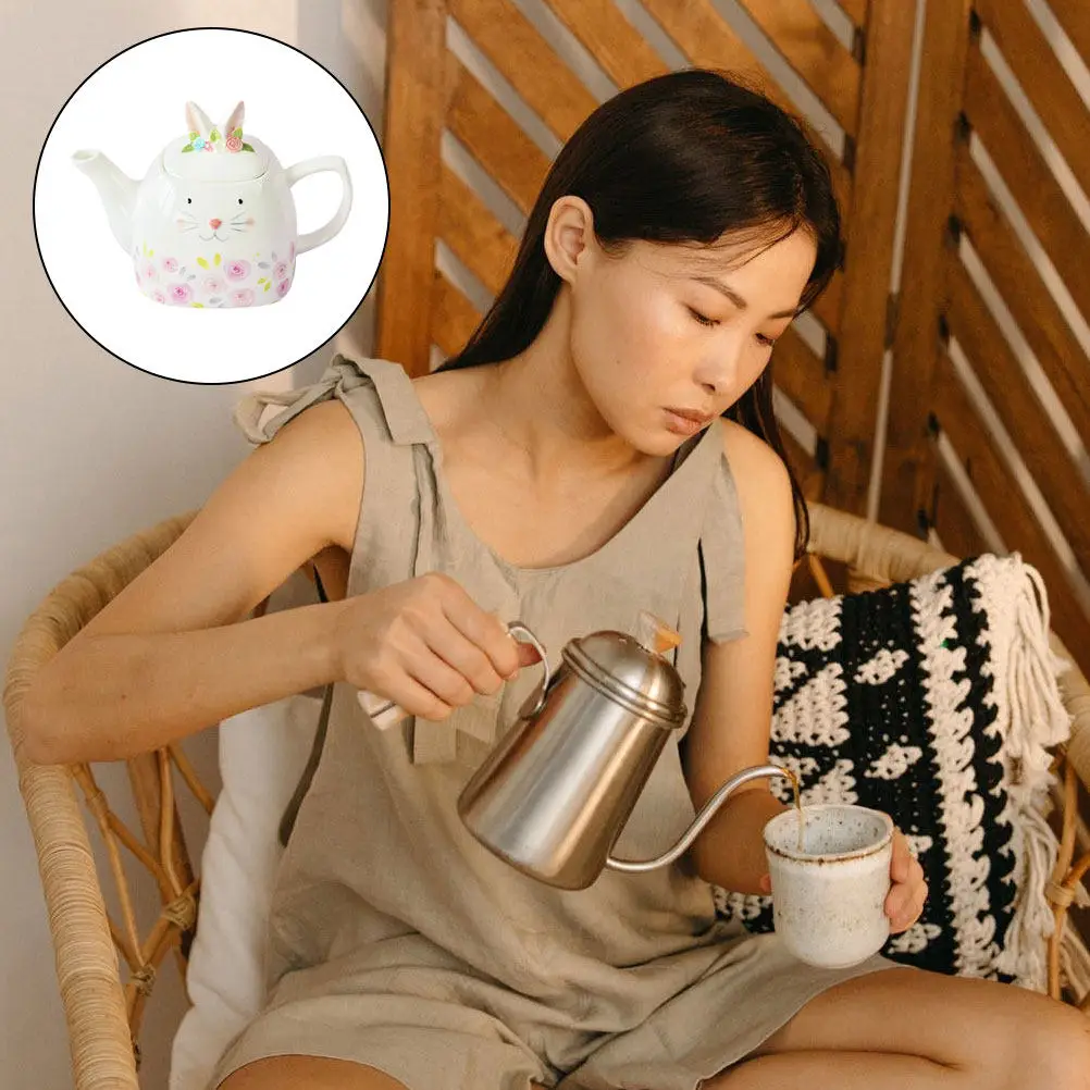 

Delicate Ceramic Rabbit Shape Teapot Heat-Resistant Household Tea Pot for Home Office Creative Tea Kettle Embossed Ceramic