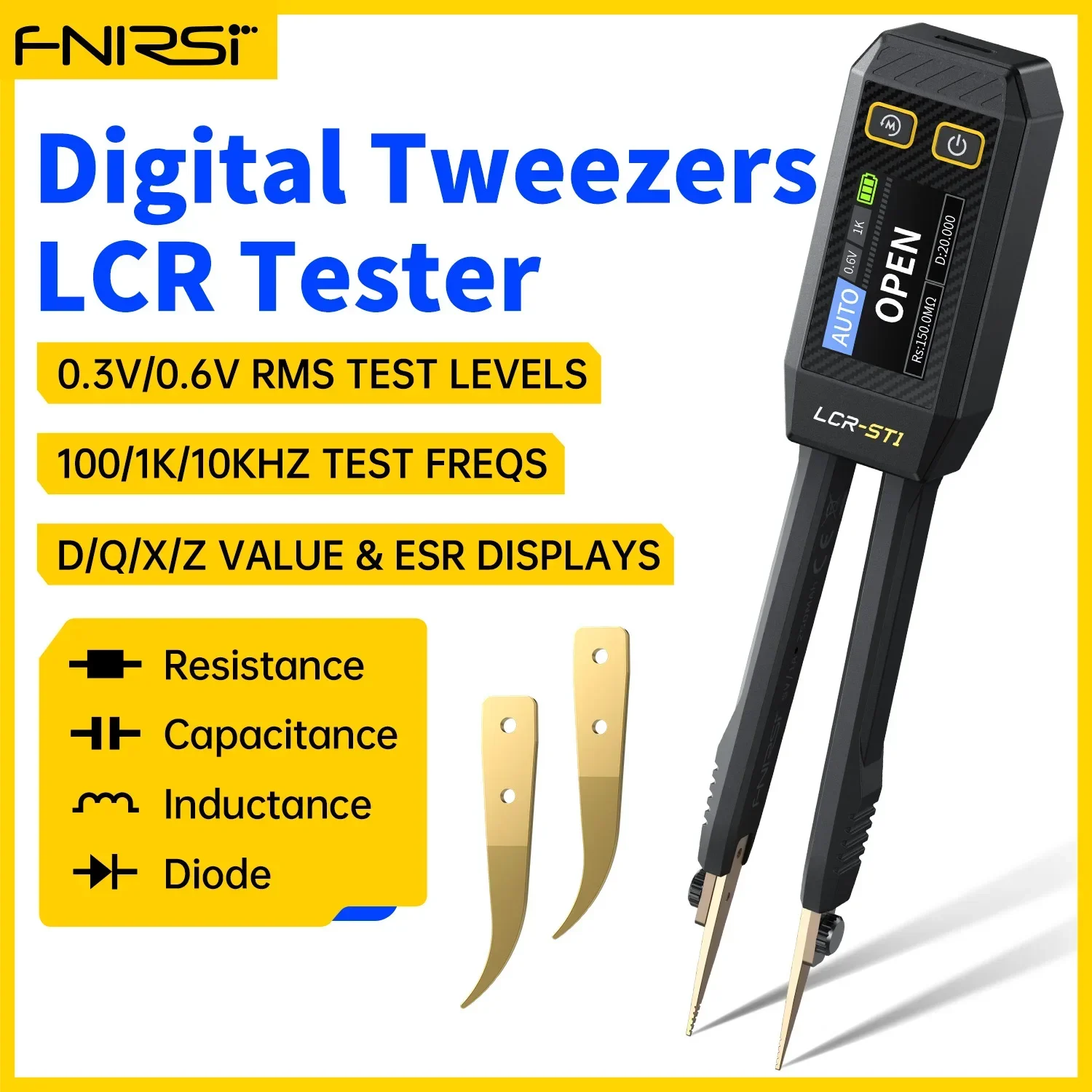 

FNIRSI LCR-ST1 Mini Smart Tweezer LCR SMD ESR Tester сопротивления, емкости и индуктивности проверка целостности диодов инструменты для измерения