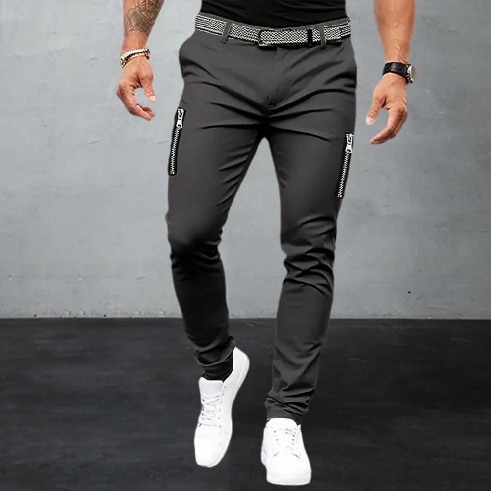 

Men Casual Trousers Zip Pocket Decoration Pants Stylish Men's Zipper Decor Slim Fit Pants with Button Closure Pockets for Four