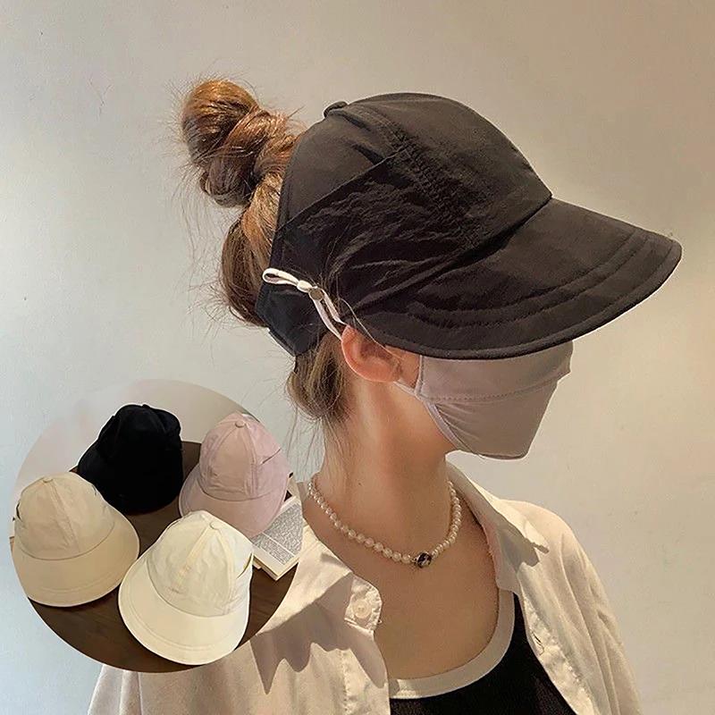 

High Ponytail Empty Top Hat Foldable Wide Brim Sun Hat Drawstring Adjustable Beach Hat Summer Quick-dry Visor Fisherman Cap