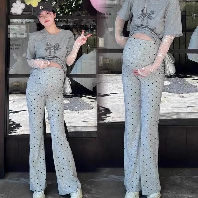 2026 Spring Autumn Maternity Polka Dot Flared Pants Petite Wide Leg Trousers Loose Straight Bell Bottom Pants Outdoor Pregnant