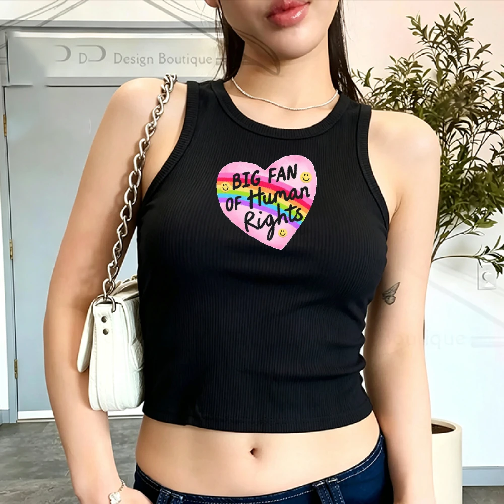 Activist Gift Sweatshirt Rainbow Heart Smiley Faces Text Big Fan of Human Rights Ribbed Crop Top Tank Style Fitted Equality Tee