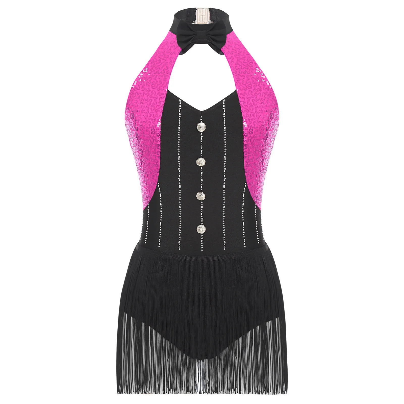 ชุดรัดรูปเต้นแจ๊สสำหรับผู้หญิง ผู้ใหญ่ ประดับเลื่อมวิบวับ พู่ห้อยระย้า บอดี้สูท จั๊มสูท ชุดเต้นลาติน ชะชะช่า แซมบ้า สำหรับการแสดง