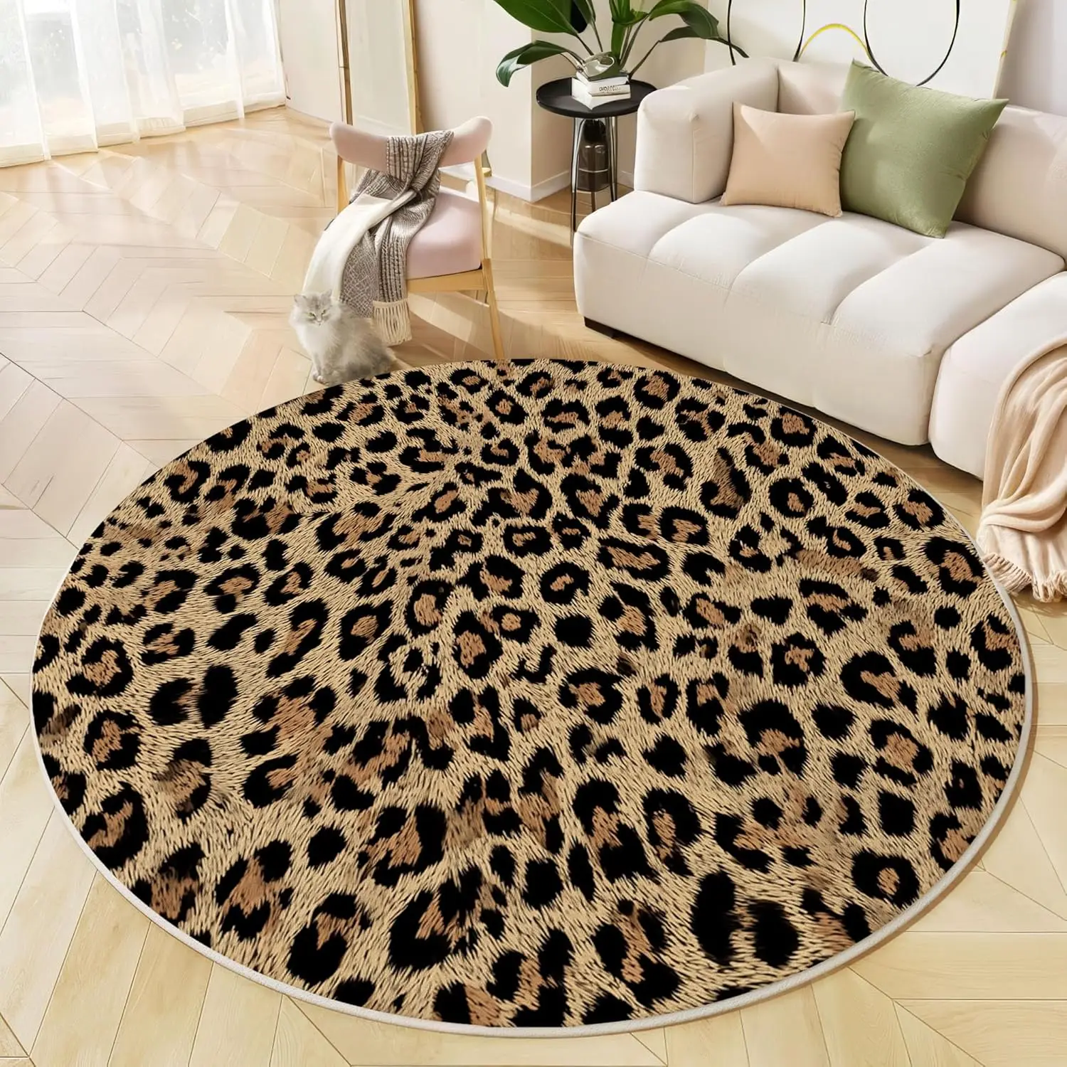 Leopard Print Round Rug Realistic Tan Black Spots for Bold Contemporary Decor