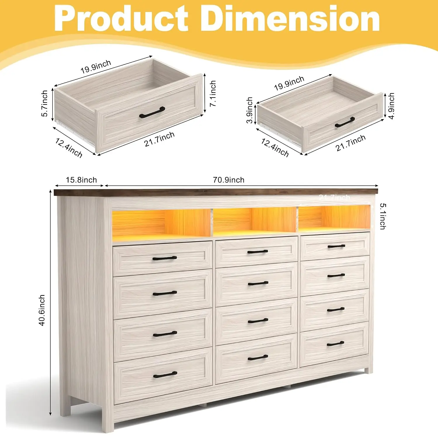 Farmhouse 12 Drawer Dresser with LED Lights, 71