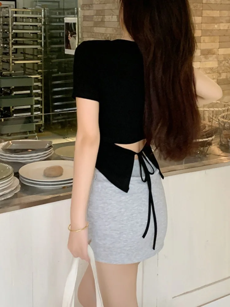 Diseño Sexy de talla grande, correa trasera, manga corta, camiseta de moda de alta gama de verano, Top corto ajustado, playa dulce para mujeres jóvenes