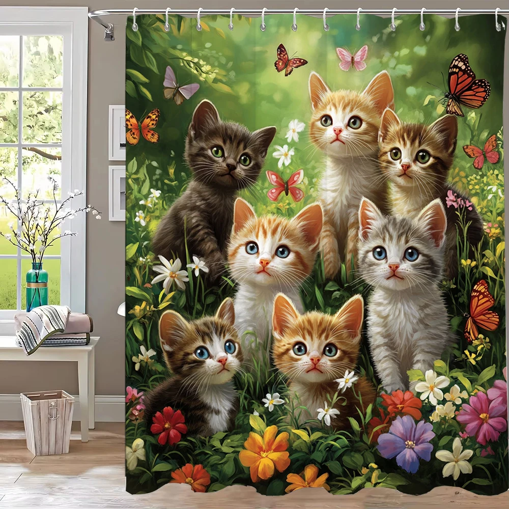 

The Lovely Cat in the Garden Shower Curtain,Flowers Printed Decorative Bathroom Curtain, Home Curtain with Hooks