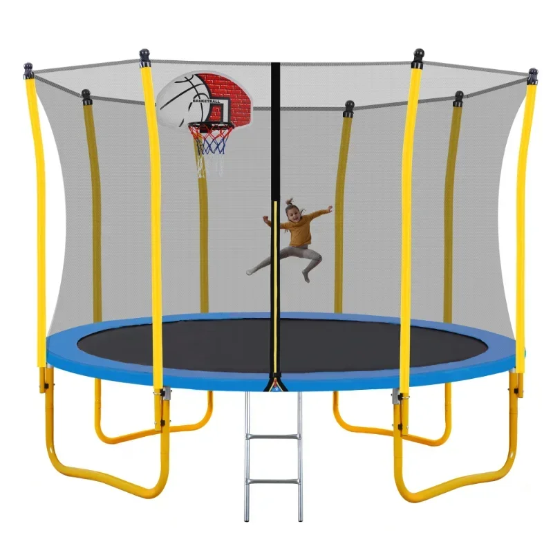 12 Feet Children's Round Outdoor Recreational Trampoline Contains A Secure Seine Net and Basketball Rack for Easy Assembly