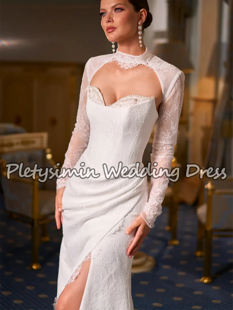 우아한 두바이 하이넥 브라이덜 가운 시어 레이스 풀 슬리브 머메이드 웨딩 드레스 진주 하이슬릿 브라이덜 가운 신부 맞춤 제작