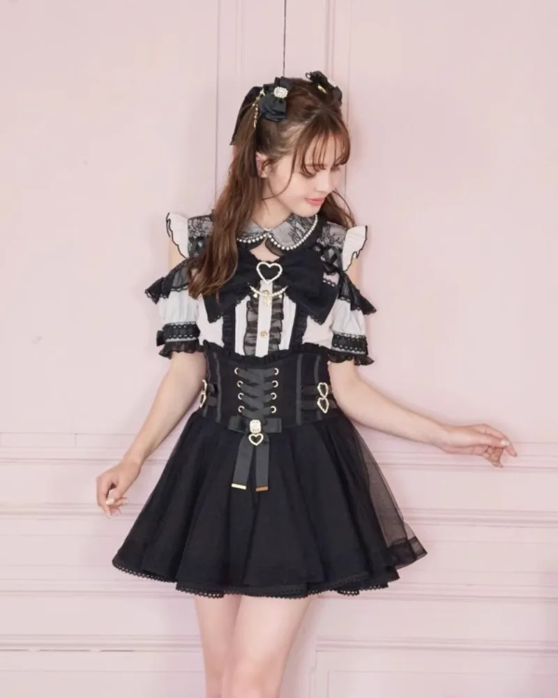 NONSAR Japanese New Summer Lace Edge Leather Ring High Waist Slim Pleated Skirt Women Ribbon Bow Lace-up All-match Mini Skirt