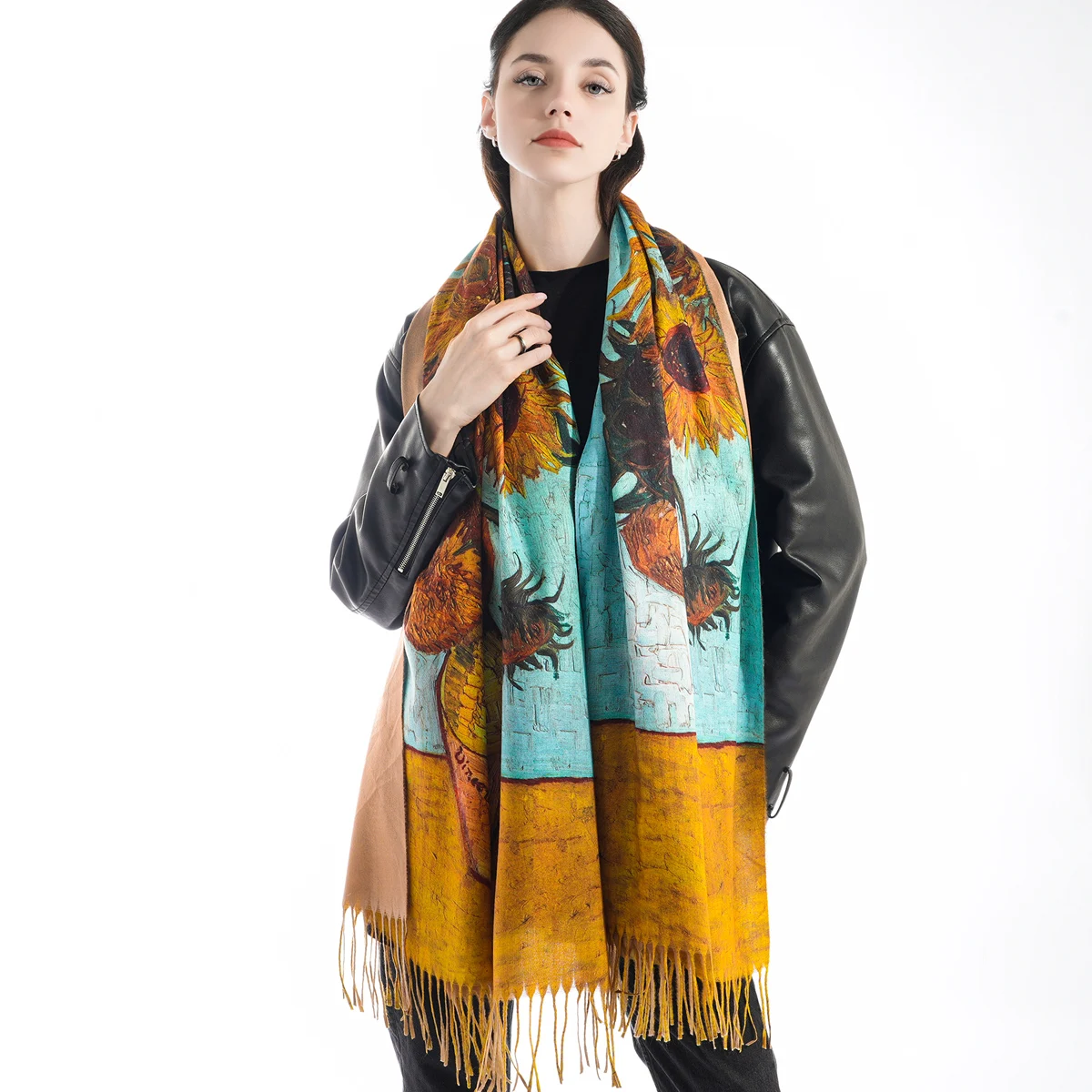 A women\'s multi-color imitation cashmere oil painting style digitally printed long tassel scarf and shawl