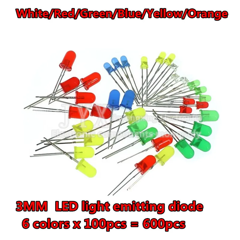 600pcs(6 colors x 100pcs) White Red Green Blue Yellow Orange 3mm 20mA Diffused Light-Emitting Diode LED 3V Lamp Assorted Kit Set