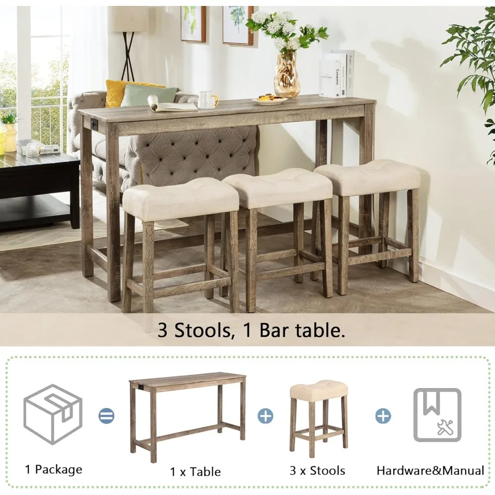 Juego clásico de mesa de bar con altura de mostrador para 3 personas con toma de corriente, juego de comedor de 4 piezas con taburetes acolchados, apartamento Condo S
