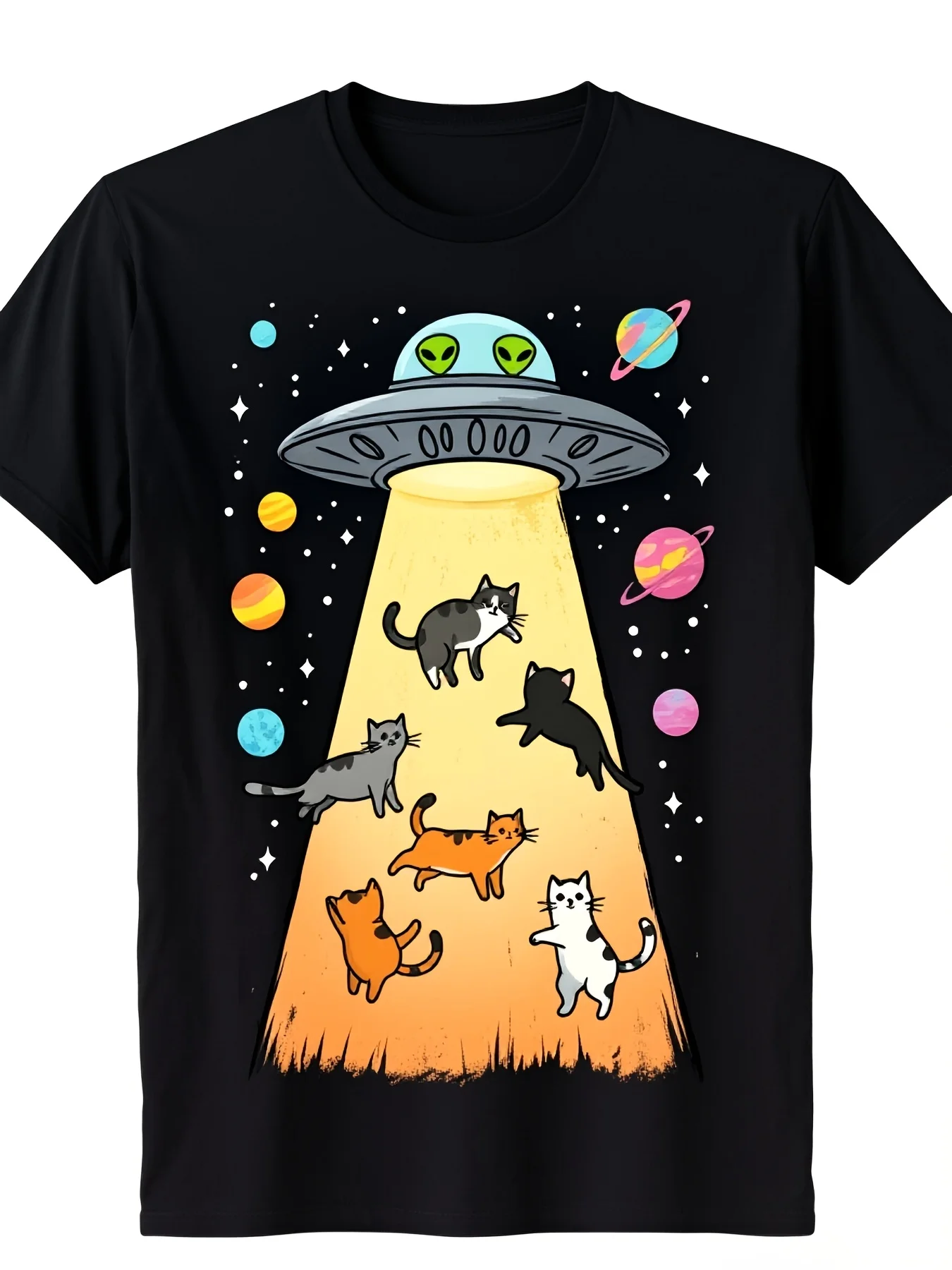Humorous TShirt Featuring Alien Cats And Ufos Ideal for Casual Summer Wear Made from Soft Breathable Fabric It's a Great Gift for Cat Enthusiasts And SciFi Aficionados Perfect for HalloweeLightweight and Comfortable Fabric Suitable for All Seasons