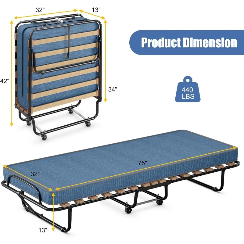 Giantex Folding Bed with Mattress for Adults, Rollaway Guest Beds w/Memory Foam Mattress & Metal Frame, Made in Italy,