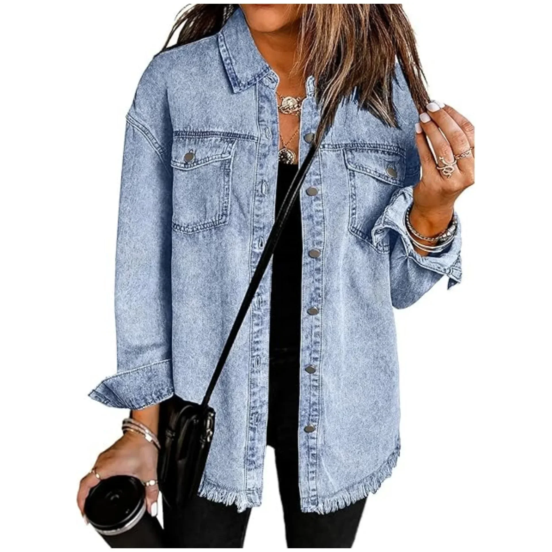 

Loose Casual Denim Shirt Open Placket Cotton Women's Shirt Full Sleeve Pure Color with Pocket Turn-down Collar Chinese Style