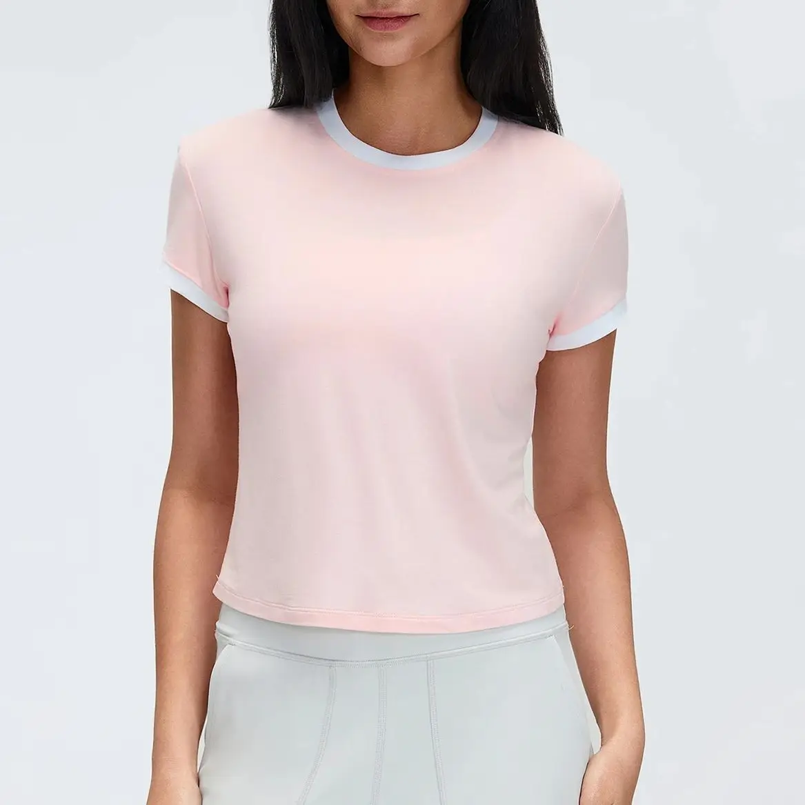 

Женская футболка для йоги с квадратным вырезом на плечах, укороченная, облегающая, простая и универсальная, с цветовыми блоками, для фитнеса