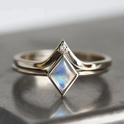 Huitan Rhombic Imitation Opal Set Rings for Women Novel Design 2Pcs Silver Color Female Rings Wedding Party New Trendy Jewelry