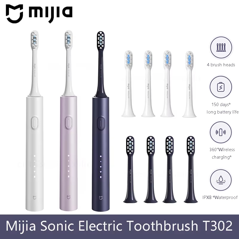  Mijia Sonic Electric Toothbrush T302 3colors 4 Brush Heads IPX8 Water Proof 360° Wireless Charging 4 Modes Cleaning Teeth