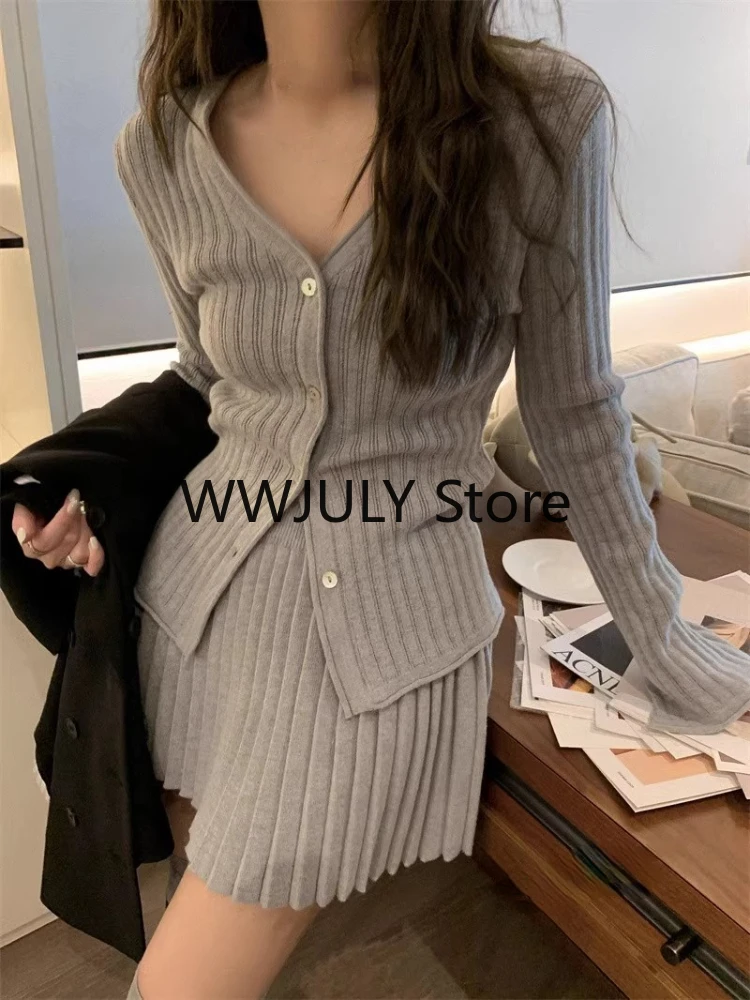 2023 Autumn Grey Knitted Suit for Women Korean Slim Short Cardigan Top High Waist Fashion Skirt Suit Outfit 2 Piece Set Chic