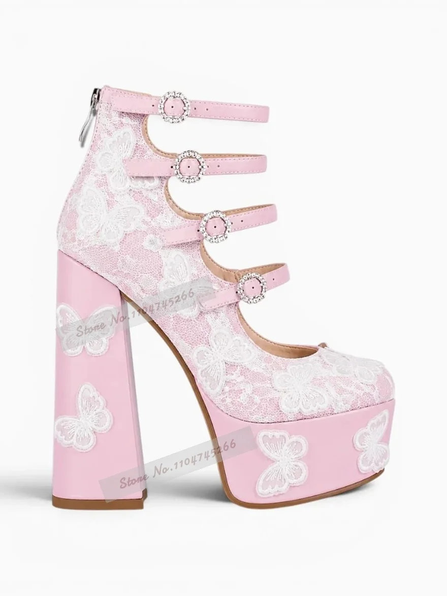 White Butterfly Lace Platform Heels Lotus Green Strange Chunky Heel Dress Pumps High Platform Embroidered Crystal Buckle Shoes view 5
