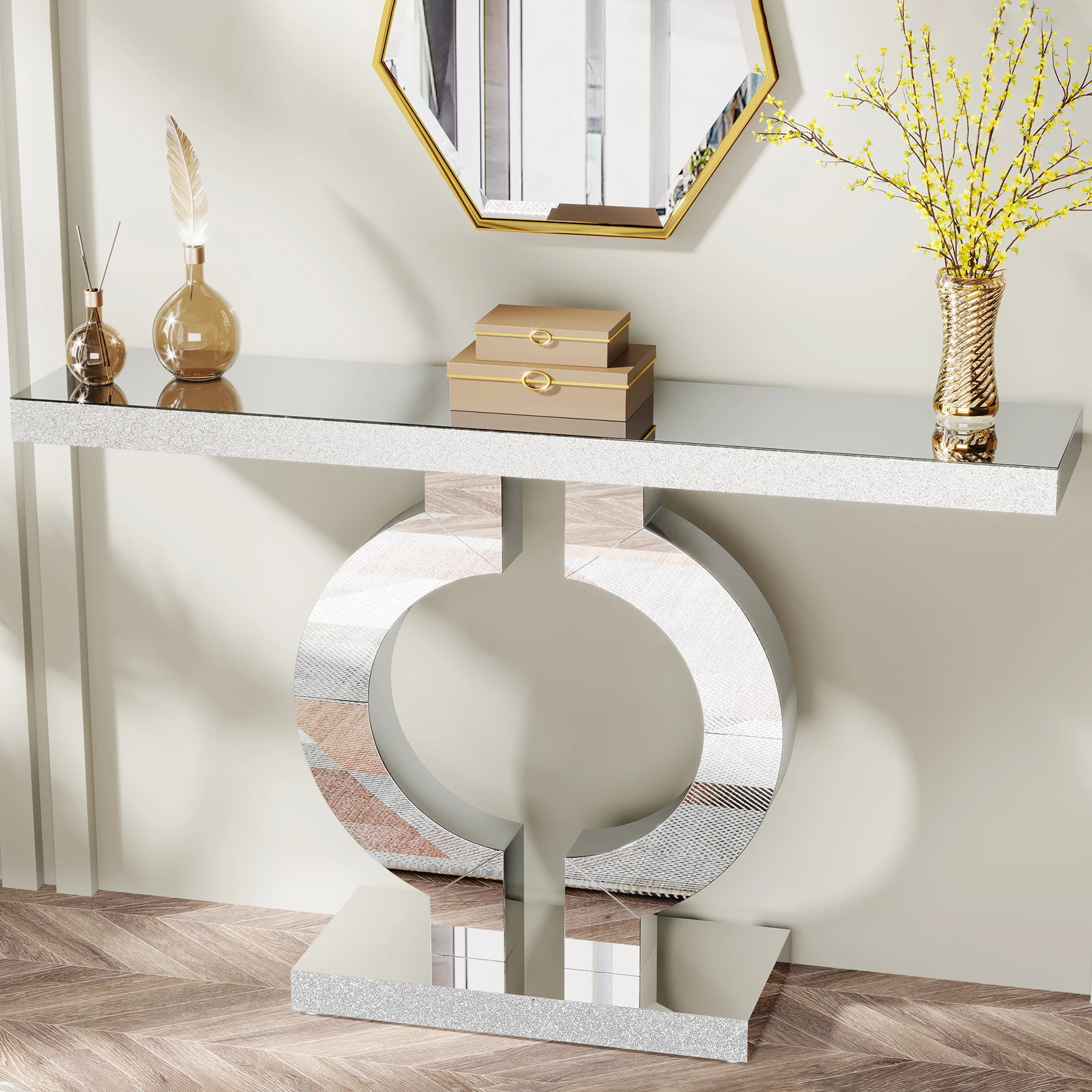 

Tribesigns Mirrored Console Table with O-Shaped Base, 43-Inch Modern Entryway Table Glass Sofa Table with Mirror Finish