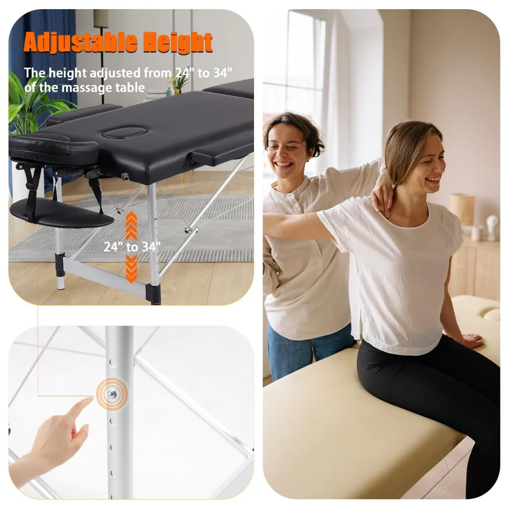 Portable Massage Table with Neck Stretcher, Light Weight 84 in Massage Bed Adjustable Lash Bed (Black, 2Fold-AL)