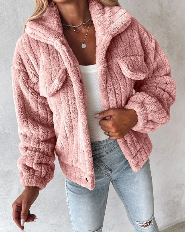 Cappotto minimalista urbano da donna 2025 Primavera Estate Ultimo colore solido Colletto rovesciato Bottone Teddy Jacket Cardigan Top aperto sul davanti