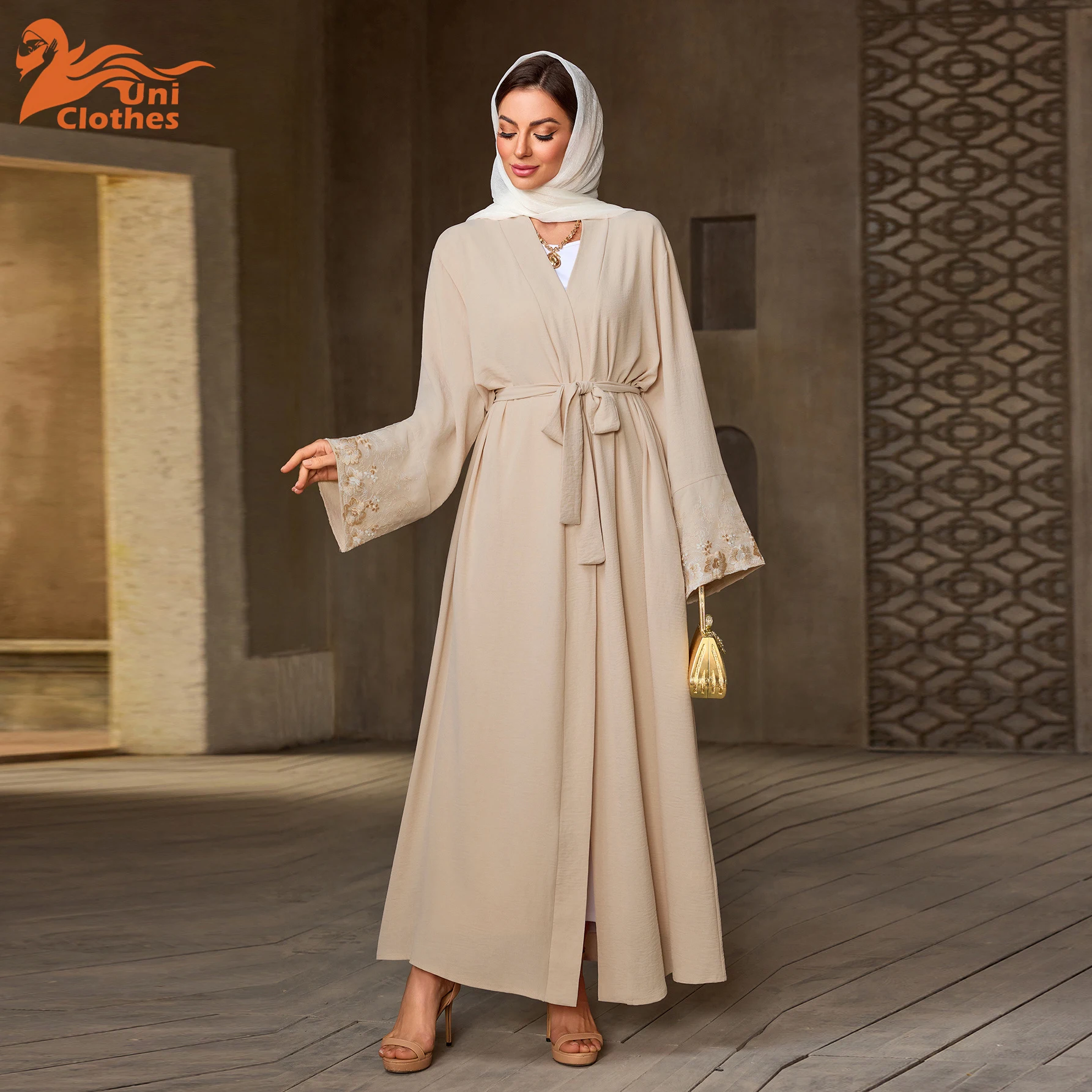 

UNI Elegant Beige Abaya for Islamic Ladies Gold Embroidery Detailing Belt tied Style Perfect for Ramadan and Middle East Festivi