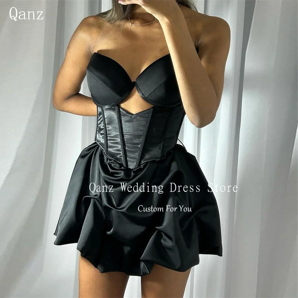 Qanz Sexy Lace Up Back Prom Dress Sweetheart Satin Black Robes De Soirée Mini Party Gown for Women Cocktail Dresses Customized