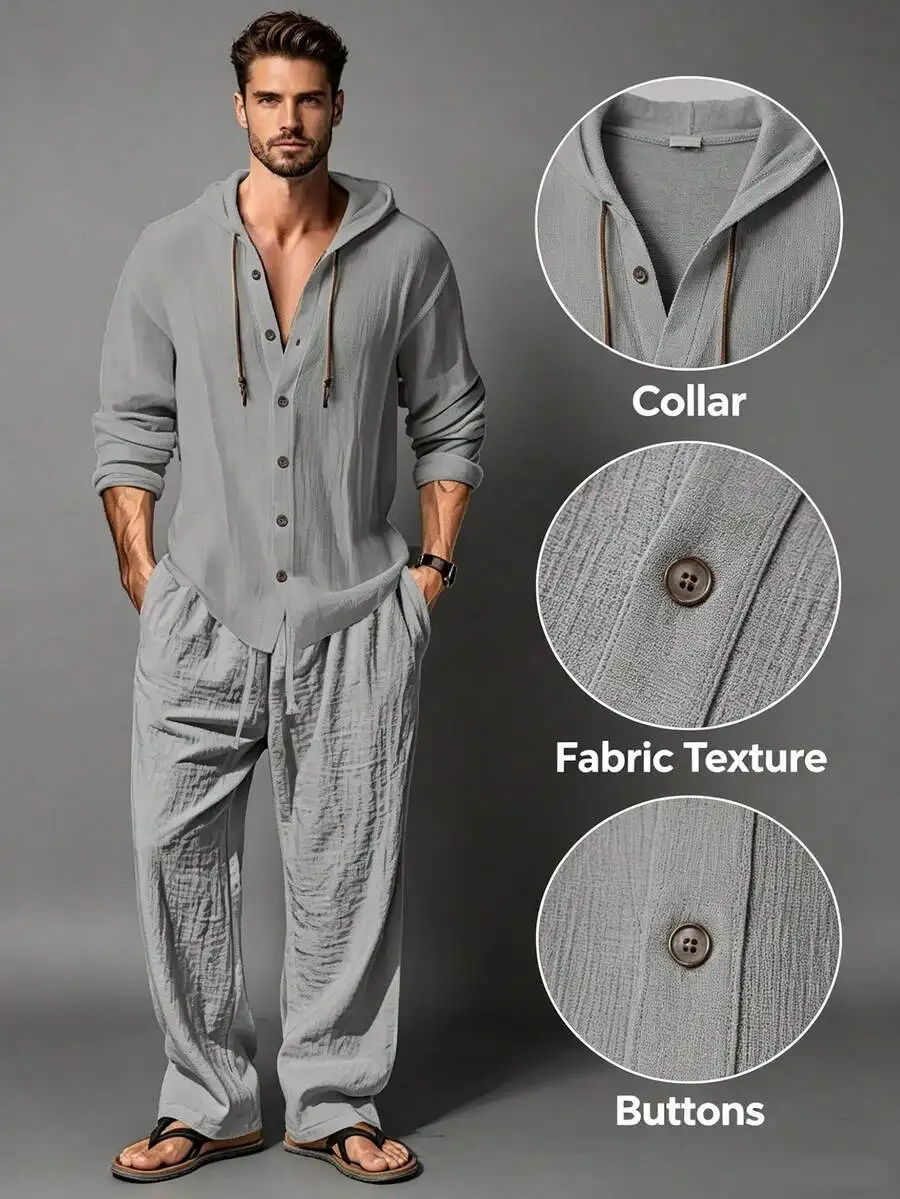 

Mens 2 Piece Cotton Linen Hooded Button Down Shirt And Drawstring Pants Set Casual Lightweight Comfortable Daily Wear