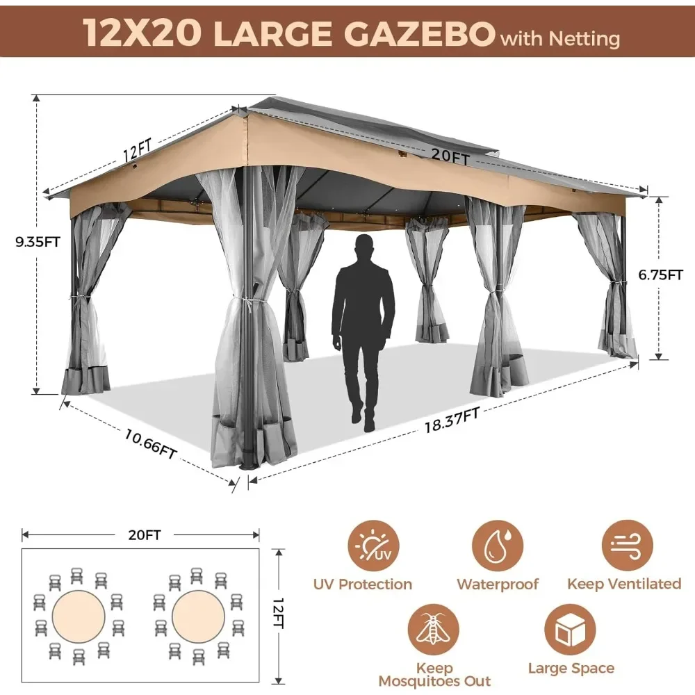 Imagem -02 - Tenda Gazebo Impermeável com Mosquiteiro Metal Steel Frame Tela Grande Telhado Duplo para Quintal 12x20