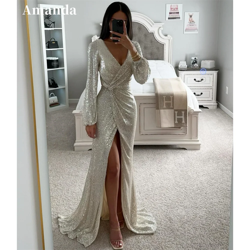 

Amanda Silver Glitter vestidos de noche Sexy V-Neck Side High Split Prom Dresses Elegant Long Sleeves Sweep Train Valentines Day