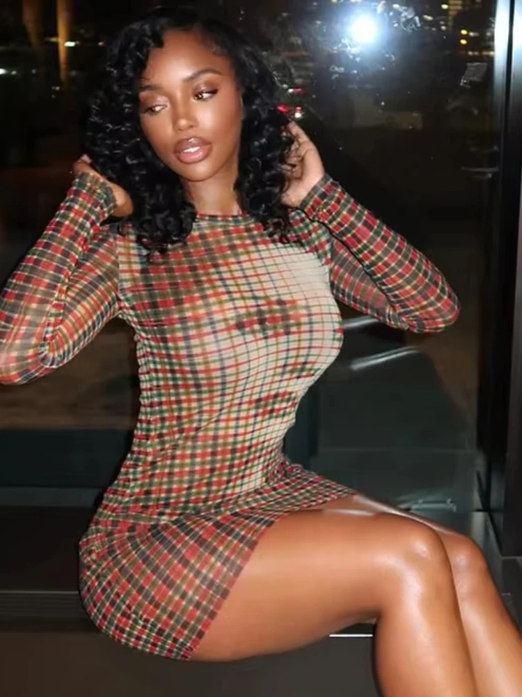 ニバーフェイスプリントドレス女性チェック柄パッチワークoネックフルスリーブスキニーストレッチミッドナイトクラブパーティー秋トレンドミニボディコン