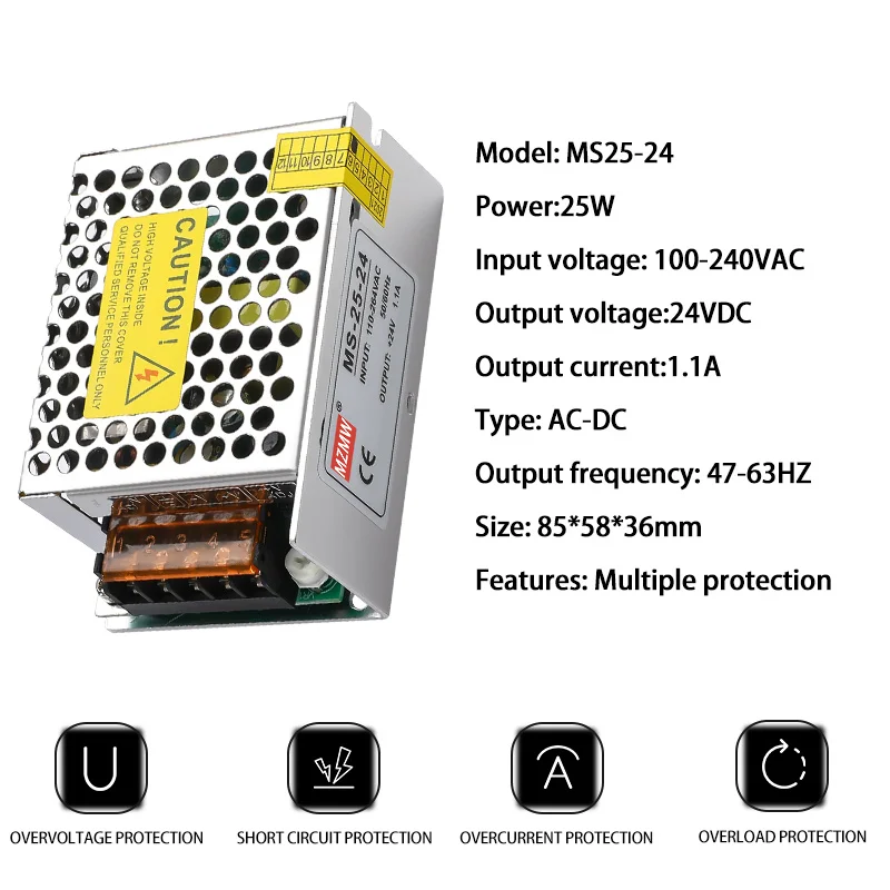 MS-25-24 Switching Power Supply 100-240VAC AC To DC 25W 24VDC 1.1A Single Output CCTV LED Strip Drive