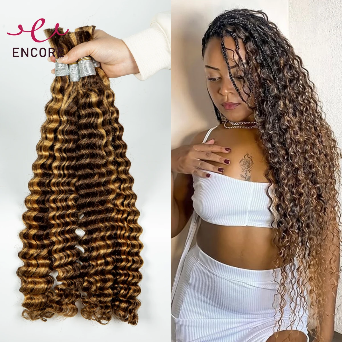 Highlight Ombre 28 Inch Human Hair Bulk Deep Wave Hair Bundles No Weft 100% Virgin Hair Bulk for Boho Braided Hair Extensions