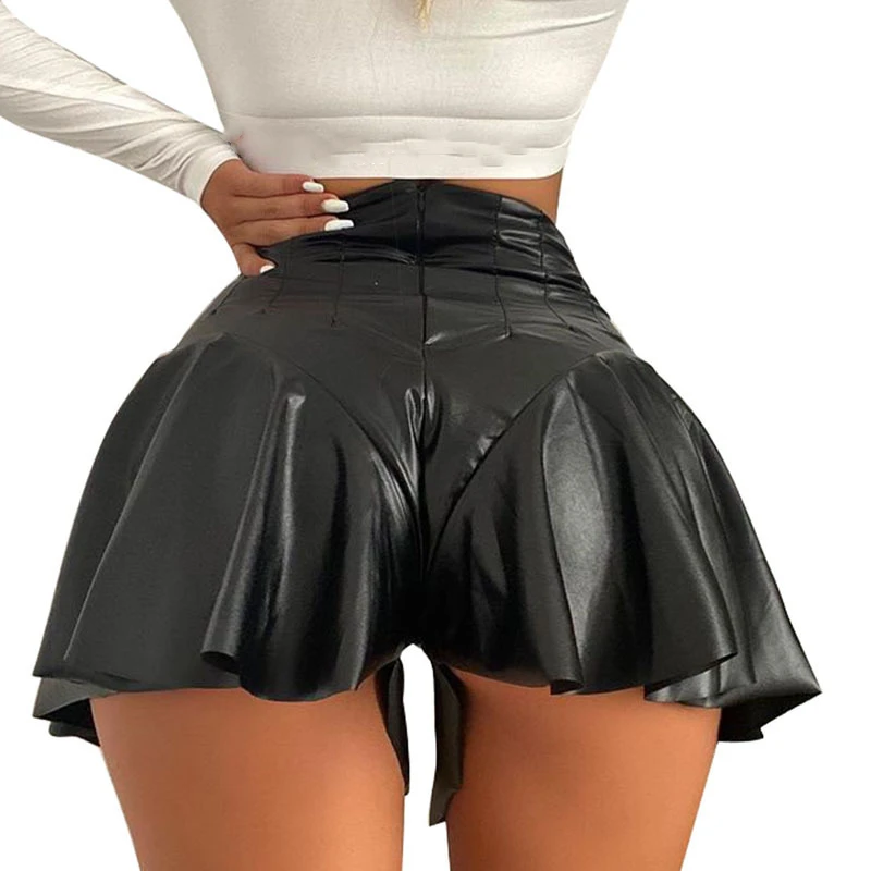 

Women's Sexy Short PU Leather Casual Pants Skirts Ladies Pleated Hip A-line Shorts Leather Ruffle Small Leather Pant